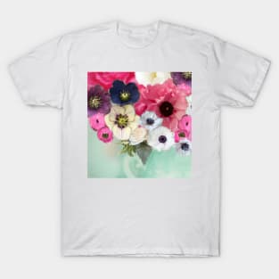 WHITE PINK ROSES ,ANEMONE FLOWERS ,TEAL AQUA BLUE FLORAL T-Shirt